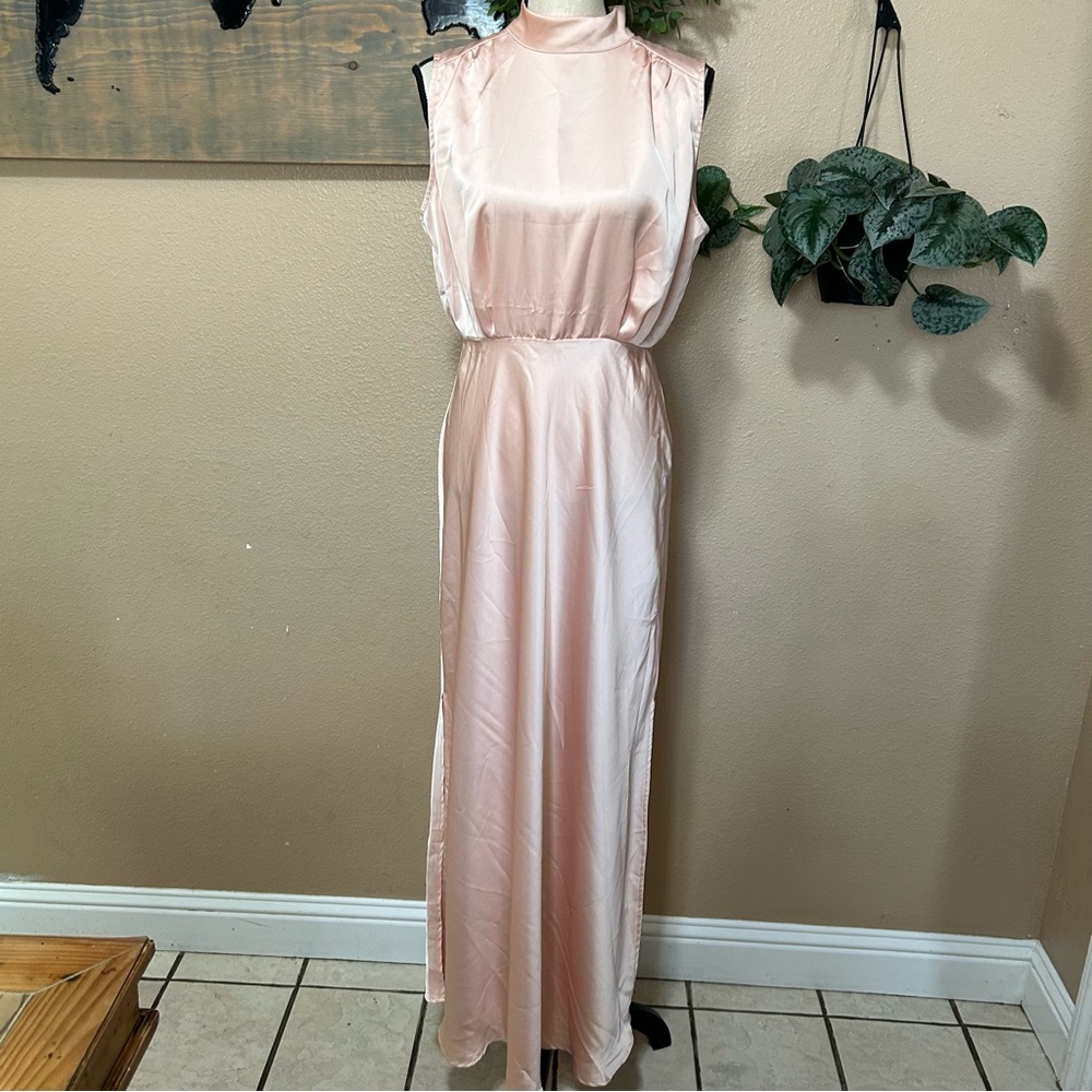 Classic Elegance Blush Satin Sleeveless Mock Neck Maxi Dress